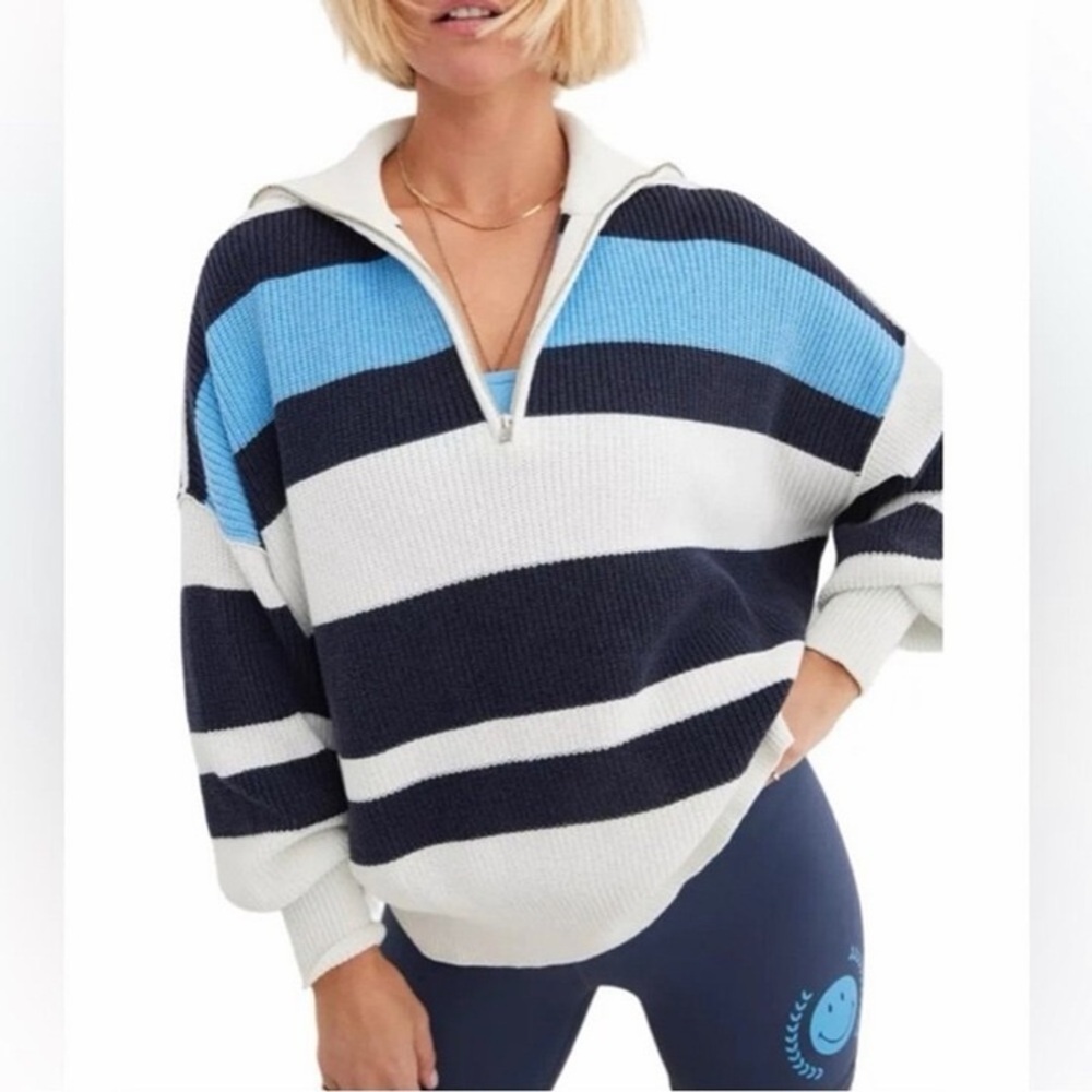 Aerie Beyond Quarter Zip Oversized Sweater Striped Blue & White